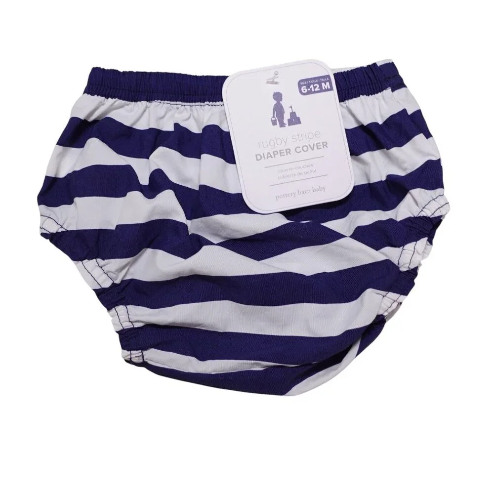 NWT Pottery Barn Kids Diaper Cover 6-12M Blue White Rugby Stripe Water Resistant